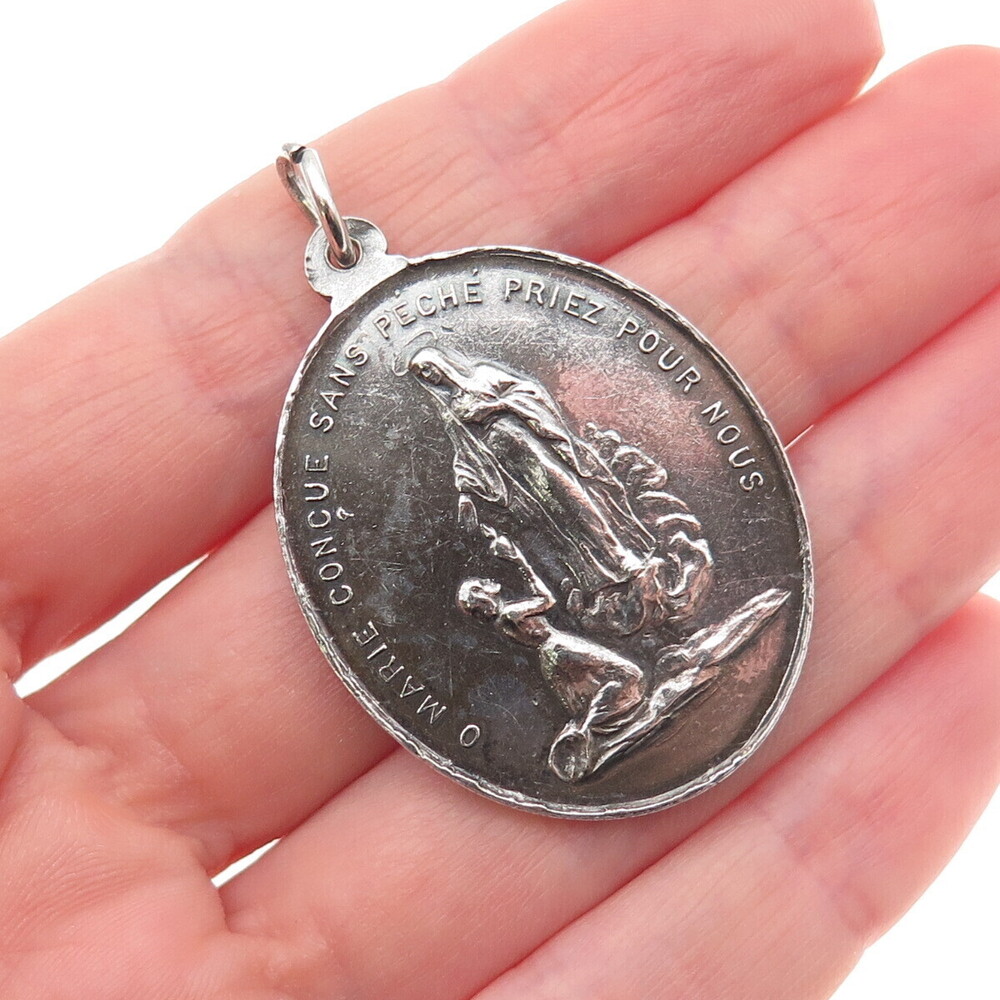 925 Sterling Silver Antique Art Deco St. Mary Religious Medal Oxidized Pendant
